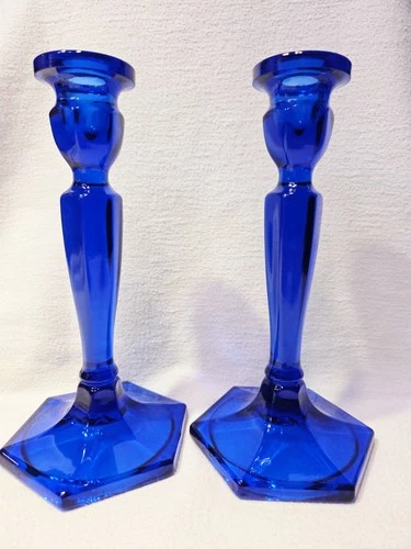Pair of Cobalt Blue 8" Florentine Candlesticks Hexagonal Base