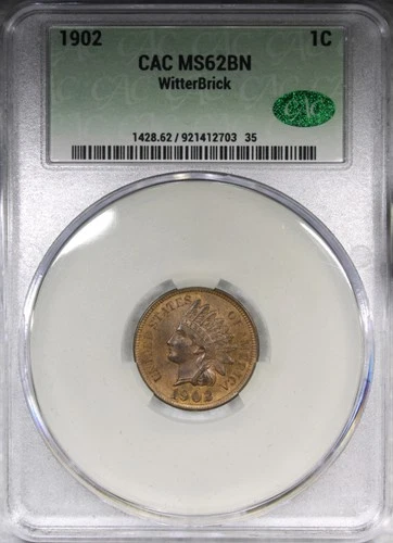 1902 Indian Head Cent CAC MS62 BROWN COLOR
