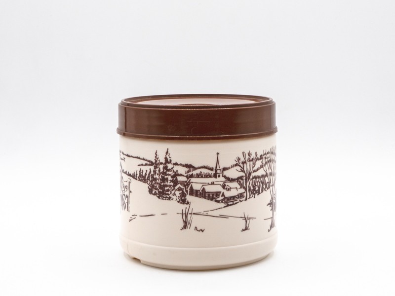 Vintage Robb Plastic Food Storage Canister Brown White Winter Town Church Scene