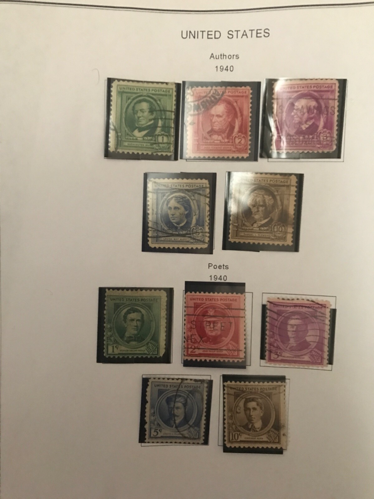 US Stamp Collection used on 5 printed album pages year 1940 Combined