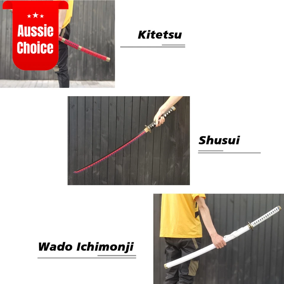 3Pc Roronoa Zoro Sword Set Kitetsu Wado Ichimonji Shusui Bamboo Katana with Stan - image 3 of 4