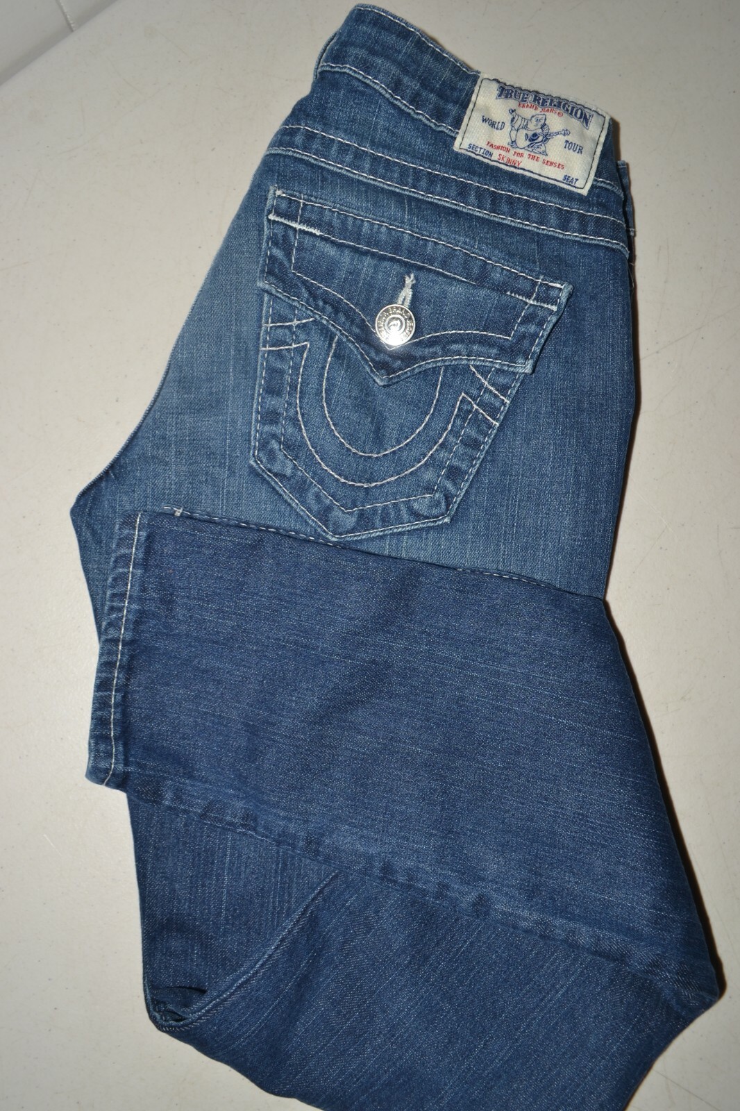 True Religion Women's Skinny Pocket Flaps Blue Denim Jeans Sz 28x32