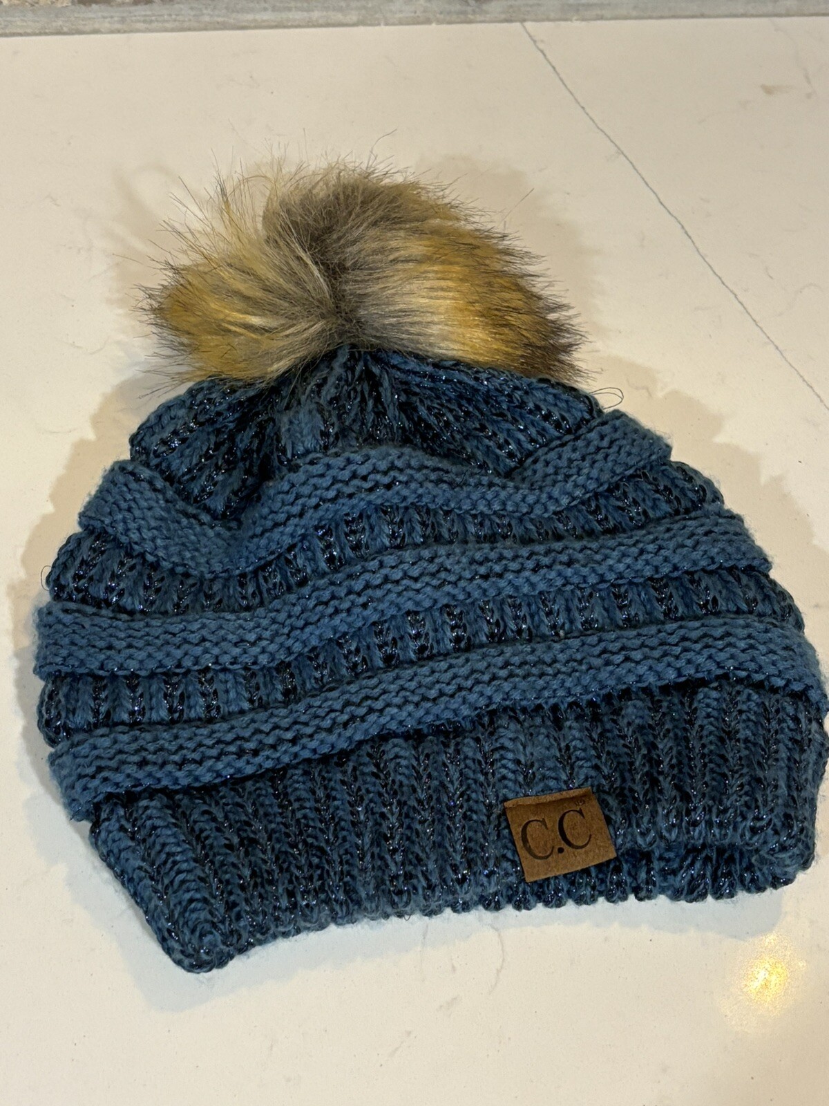 Beanie Brand Exclusive Soft Stretch Cable Knit Faux Fur Pom Pom CC Hat-image