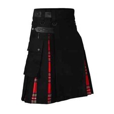 New Men  s Black Hybrid Utility Kilt Royal Stewart Pleats and Detachable Pockets