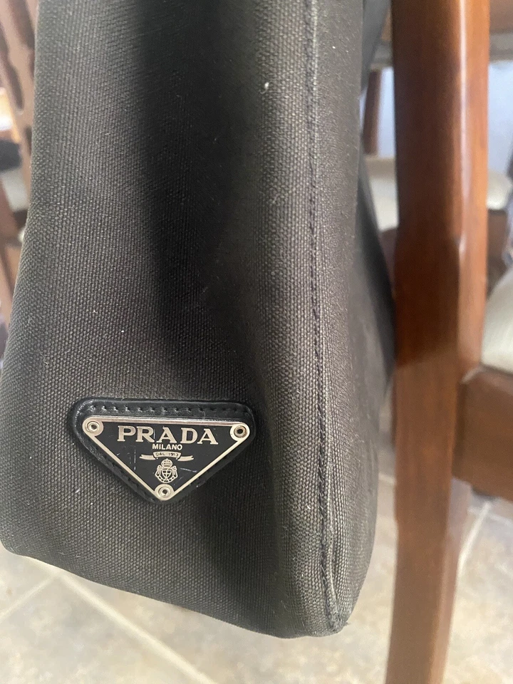 Auténtico Bolso de Hombro PRADA Vintage Tessuto Lona Cuero Cartera Bolso Negro Difícil de Encontrar Foto 2 de 4