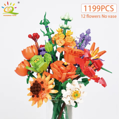 HUIQIBAO MOC Blume Modellbausteine 3D Blumenstrauß Pflanzen Sonnenblume Rose Ziegel