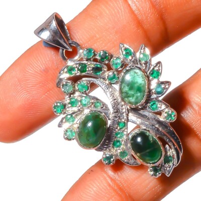 Fantastic Natural Emerald Cabochon 35 Ct Handmade 925 Sterling Silver Pendant