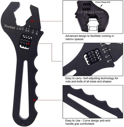 3AN-16AN Adjustable Wrench – Black Aluminum Spanner For Hose Fittings & DIY Jobs