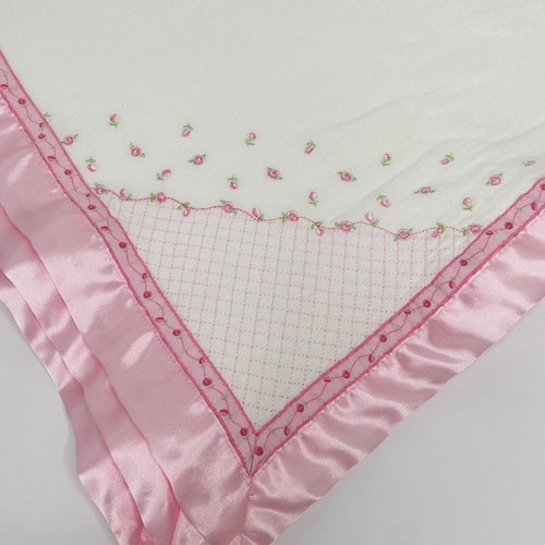 Carter's Baby Girl Blanket White With Pink Satin Trim With Floral Rosebuds - Picture 3 of 8