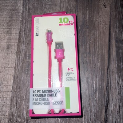 New In Box iEssentials 10ft BRAIDED Micro USB Charge and Sync Cable (PINK)