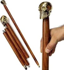 Brass Skull Head Handle with Brown Wooden Walking Stick Cane Halloween Gift
