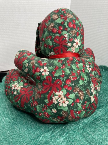 Christmas BUNNY Green Red Ribbon Bows & Holly Print Ribbon Tie Pine Cone Vintage - Picture 5 of 9