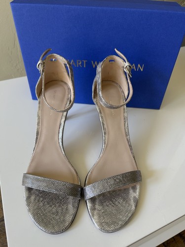 Stuart Weitzman Nudistsong Silver Snake Print  Glitter Sandal Heels, Size 7.5B - Picture 2 of 4