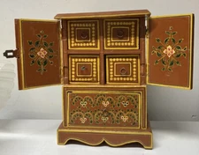 Vintage Indian Chest Cabinet Wood Jewelry Box Pictorial Cultural Art - AS IS