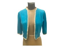 Vintage 1960s Blue Cotton W/ White Trim Summer Cardigan Small