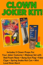 CLOWN JOKER KIT #5 Joke Makeup Set Cigar Snake Can Red Nose Horn Squirt Flower