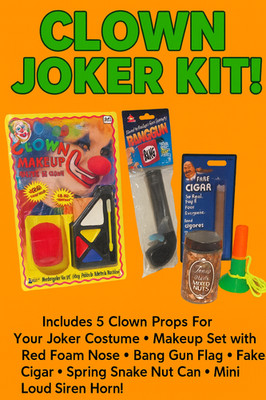 CLOWN JOKER KIT #5 Joke Makeup Set Cigar Snake Can Red Nose Horn Squirt Flower