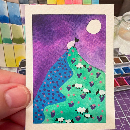ACEO Original watercolor bright colorful vibrant Sheep Hill Amber Star 2.5x3.5