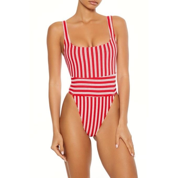 Forever 21 Red White Striped Terry Monokini High-Leg One-Piece Swimsuit – Size L