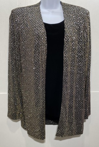 R & M Richards 2 in1 Jacket Set Womens 12 Black Silver Metallic Open Front - Picture 2 of 13