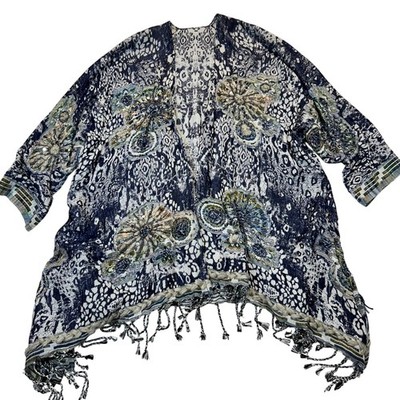 Soft Surroundings Emory Cardi Sequin Fringe Topper Cardigan OS Blue Boho Whimsy
