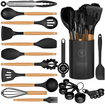 Silicone Cooking Utensils Set - Silicone Kitchen Utensils for Cooking Wooden Han