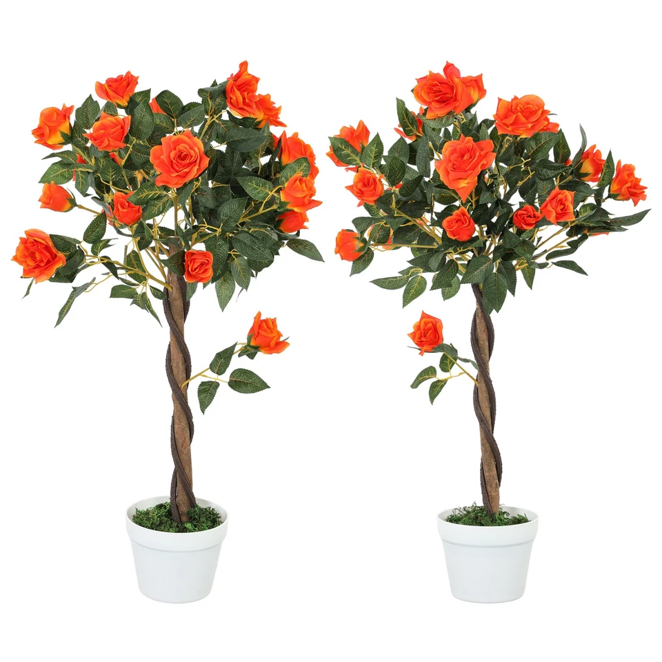 Outsunny Pianta Artificiale di Rosa da 21 Fiori Ø18x90 cm Arancione con Vaso