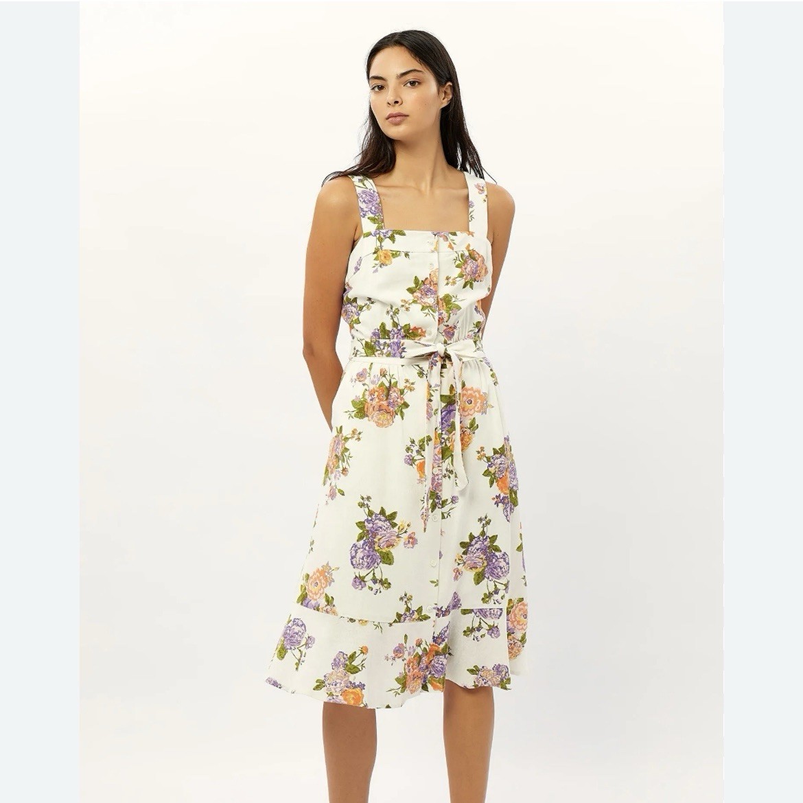 FRNCH Ammi Rose Print Midi Dress Fit & Flare Linen Blend Tie Belt Women Size M