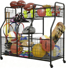 Garage Sports Equipment Organizer with Wheels - Ball Storage Rack with Elastic R
