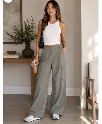 Wilo Women's Parachute Fly Cargo Nylon Pant Sz L Olive Green NWT Wide Leg