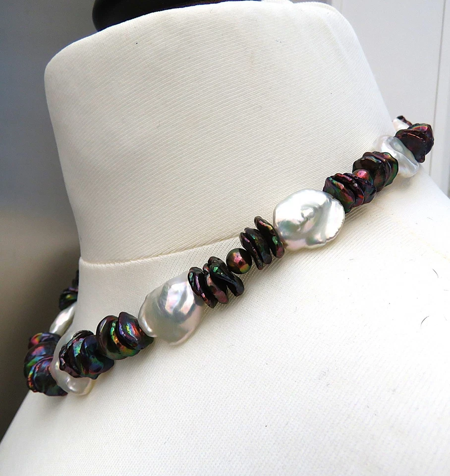 Keshi  Perlenkette mit Süßwasserperlen rund Unikat Collier handgefertigt 5689 - Bild 3 von 4