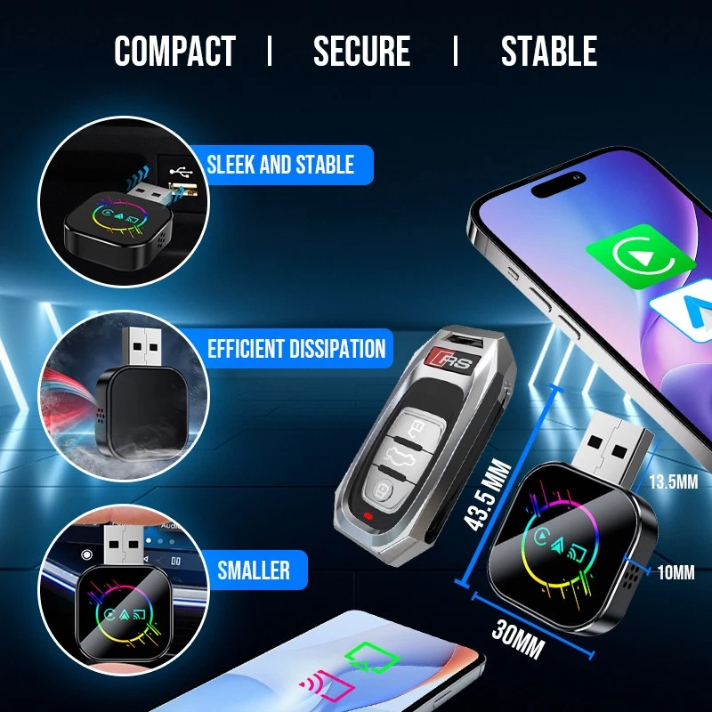 3in1 MiniUSB CarPlay Wireless Adapter for iPhone iOS 10+/Android 11+ MirrorLink - Bild 4 von 4