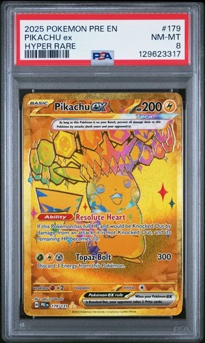 2025 POKEMON PRE EN-PRISMATIC EVOLUTIONS HYPER RARE #179 PIKACHU EX PSA 8