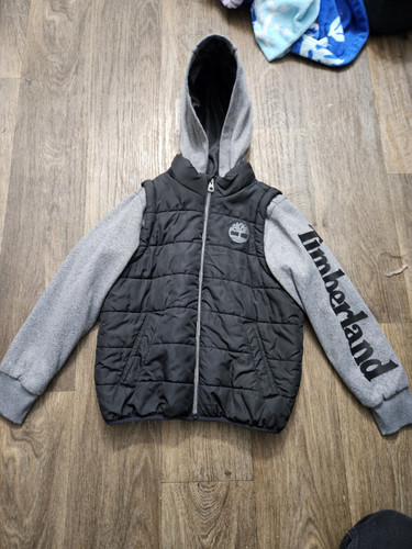 Timberland Boys Puffer Vest Hoodie Hybridjacket Full Zip Up Gray Black small - Picture 1 of 9