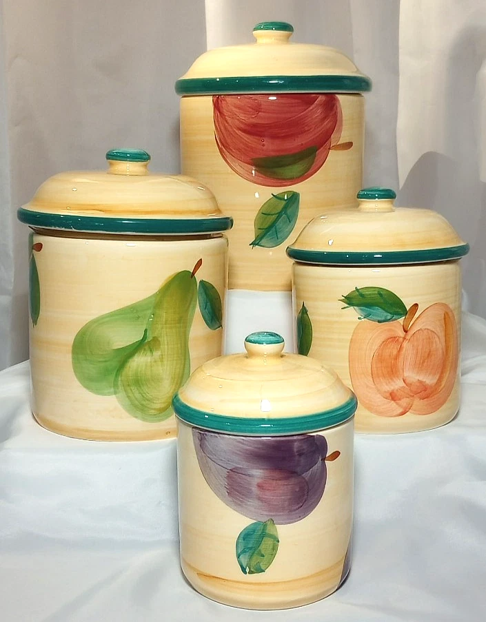 Certified International, Fruit Canister, Set of 4, Orange, Apple, Pear, Plum