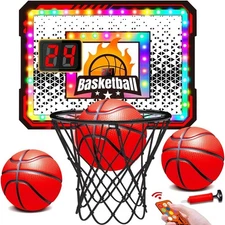 Indoor Electronic Basketball Hoop with Scoreboard, LED Lights, 3 Balls & Pump