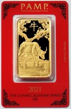 2021 PAMP SUISSE GOLD 100 GRAM INGOT 3.215oz LUNAR YEAR OF THE OX BAR ASSAY CARD