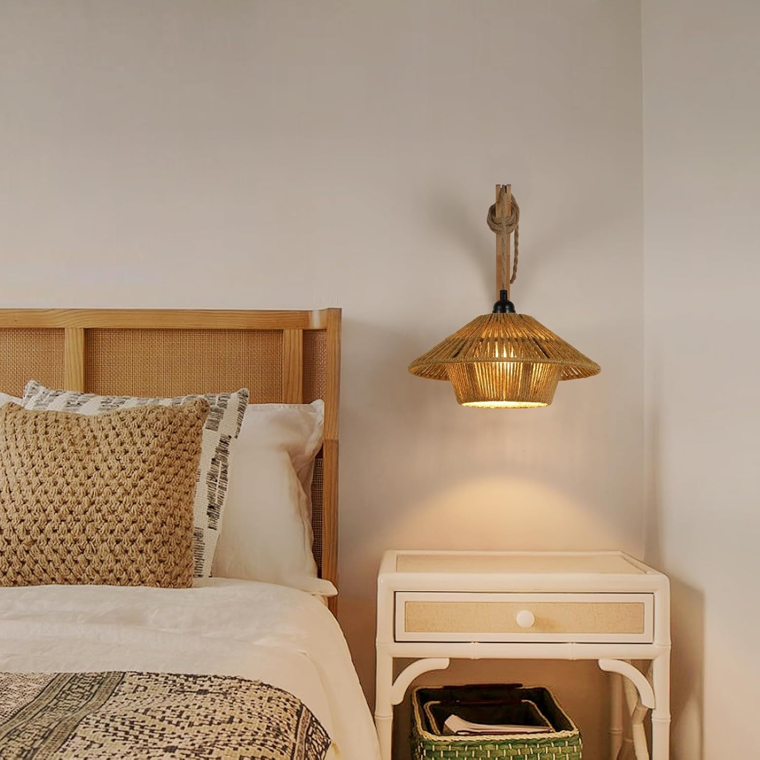 Battery Operated Large Wall Sconce,Wireless Rechargeable Woven Rattan Boho Sconc