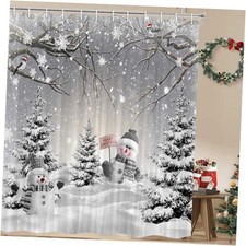 Winter Christmas Shower Curtain, Cute Snowman Xmas Forest Pine Tree Scene Grey