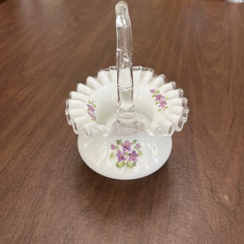 VTG Fenton Hand-Painted Glass Basket w/ Original Sticker