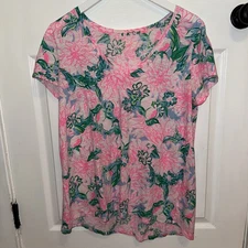 Lilly Pulitzer Etta V-Neck Pink Blossom Try Your Zest Top T-Shirt Tee L Large