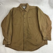 Vtg Carhartt Canvas Shirt Jacket Mens Lg Khaki Brown Snap Button Flannel Lined