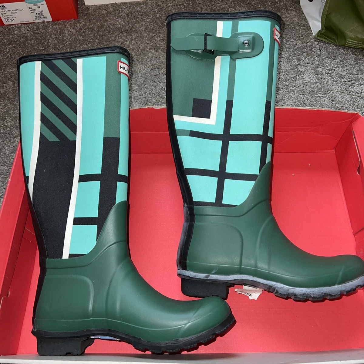 New Hunter Original Tall Tartan Tourmaline Green Stripe Plaid Rain Boots Shoe 7