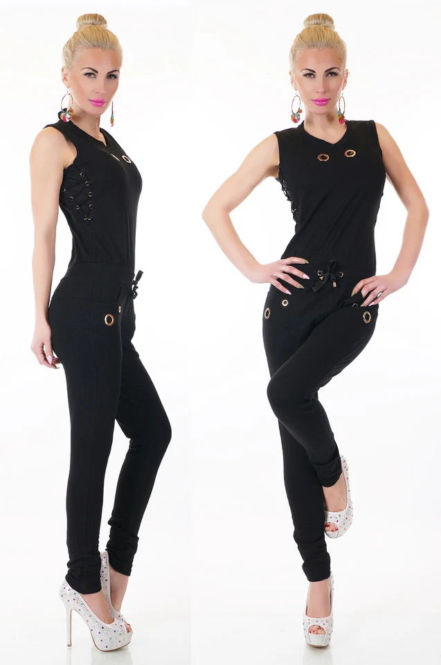 Tuta donna overall intera jumpsuit maglia di cotone nero coulisse tasche nuova - Immagine 3 di 4