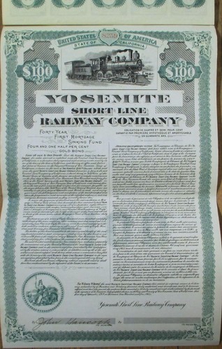 Certificado de bonos de oro de ferrocarril vertical Yosemite Short Line Railway Co. 1905 - Imagen 1 de 4
