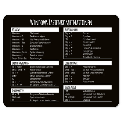 Mauspad mit Windows Tastenkombinationen I 24 x 19 cm I Standargröße I dv_702