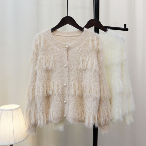 Womens Faux Mink Tassel Knitted Cardigan Sweater Short Jacket Soft Buckle Coat - Picture 1 of 21