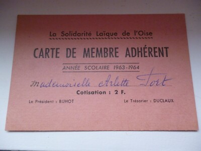 Old membership card - school year - 1963-64 - de l'oise