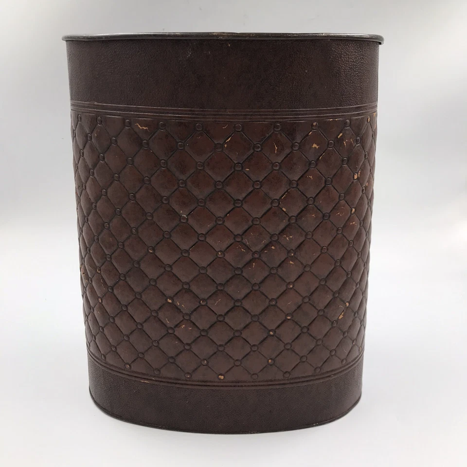 Vintage Faux Leather Trash Can 12 1/2 x 10 x 7 1/2 in Waste Bin Retro Bathroom - Image 2 of 4