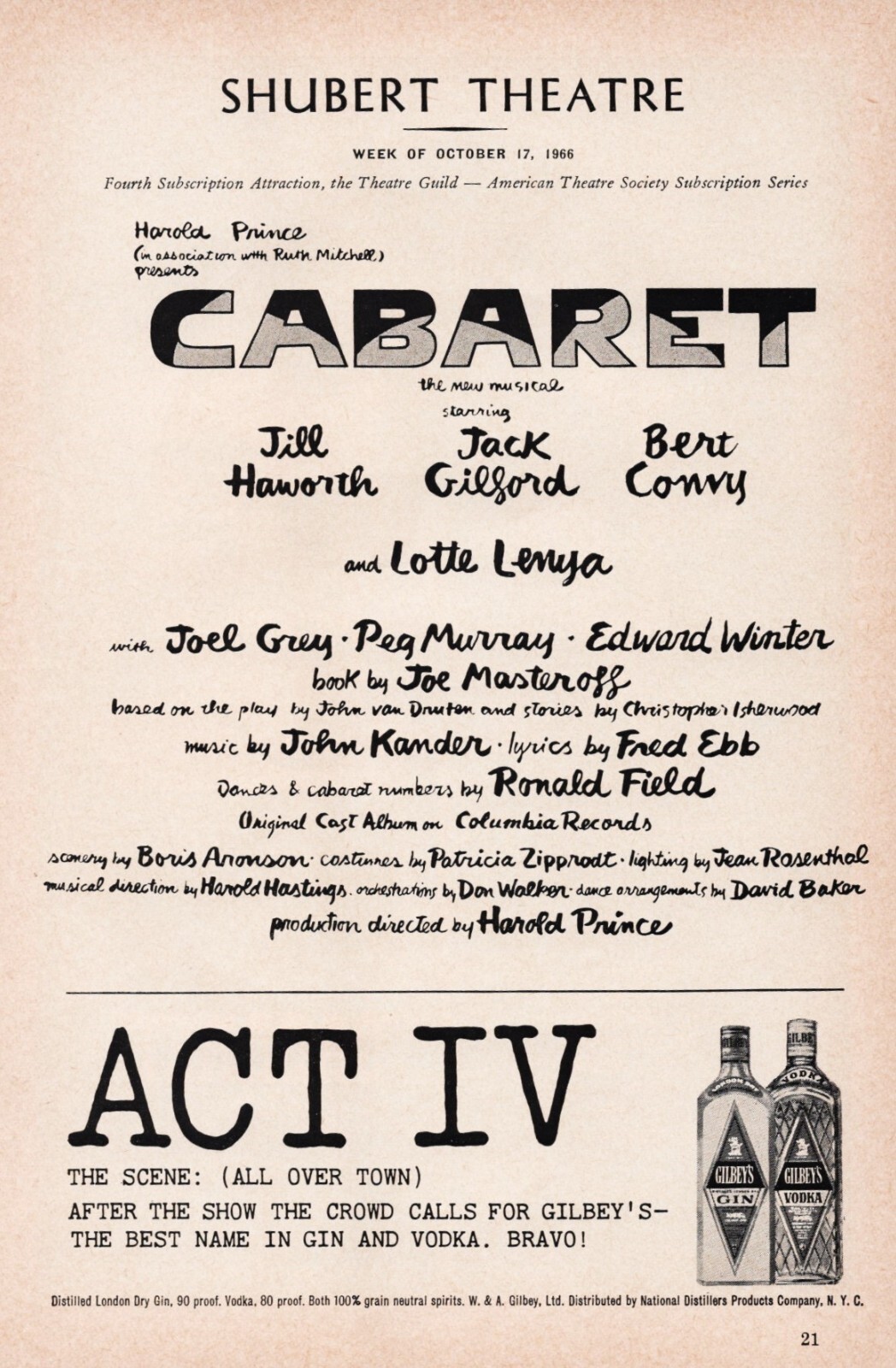 Kander and Ebb "CABARET" Joel Grey / Lotte Lenya 1966 Boston Tryout Playbill